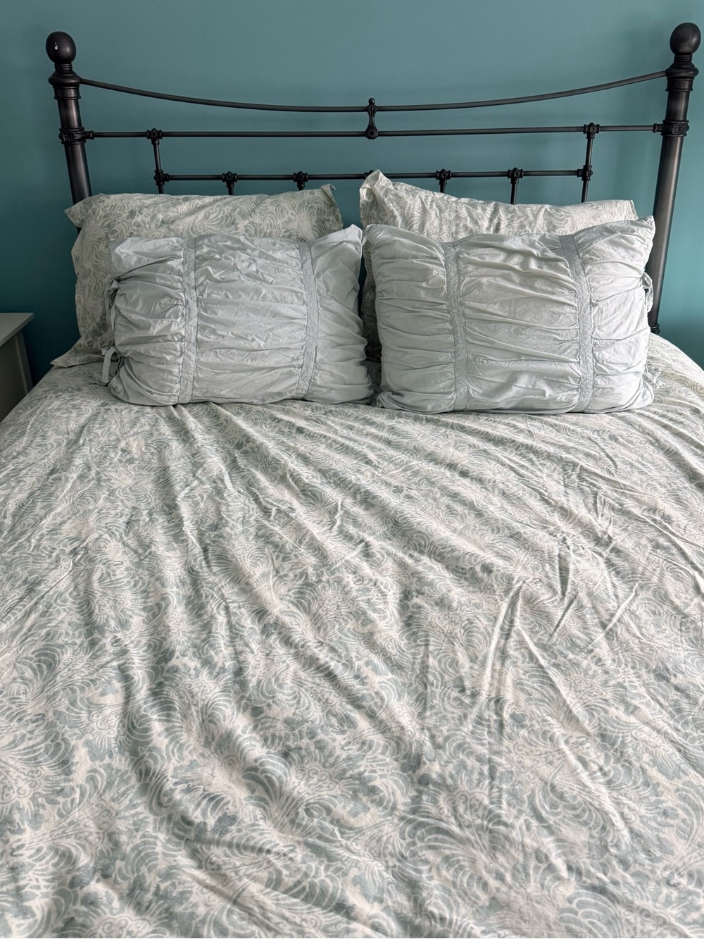 Pottery Barn Seafoam Green Ruffled Pillow and Paisley Duvet Set
